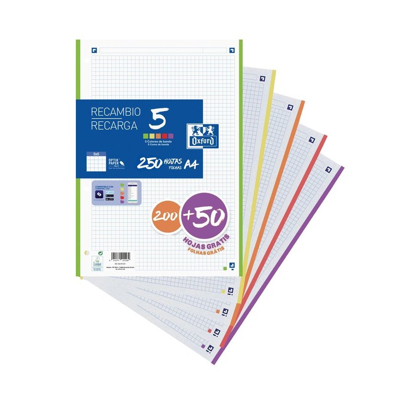 RECAMBIO A4 200+50H PAQUETE CUADRO 5MM 5 COLORES BANDA VIVOS
