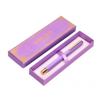 Boligrafo belius macaron bliss forma hexagonal color morado y dorado tinta azul caja de diseño.
