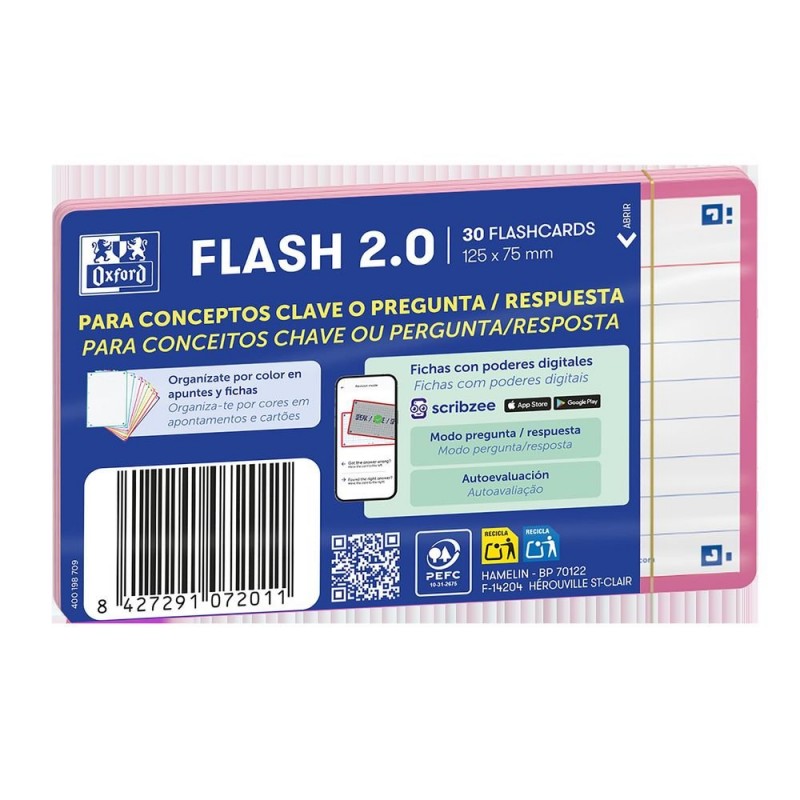 FLASHCARDS 2.0 A7 75X125 30 FICHAS RAYADAS ROSA