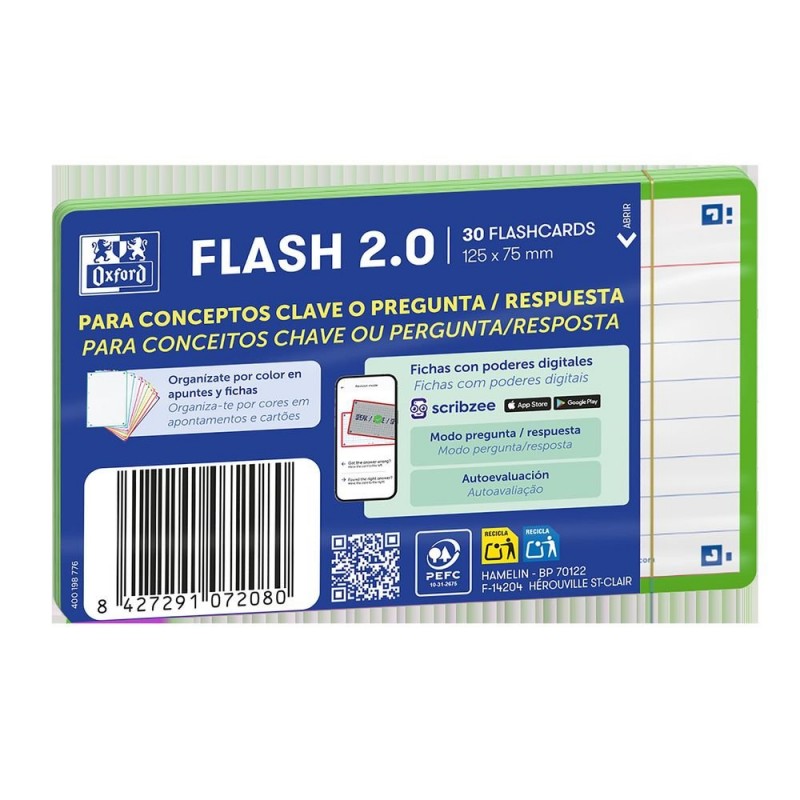 FLASHCARDS 2.0 A7 75X125 30 FICHAS RAYADAS VERDE