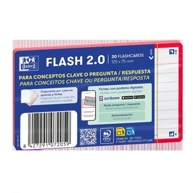 FLASHCARDS 2.0 A7 75X125 30 FICHAS RAYADAS ROJO