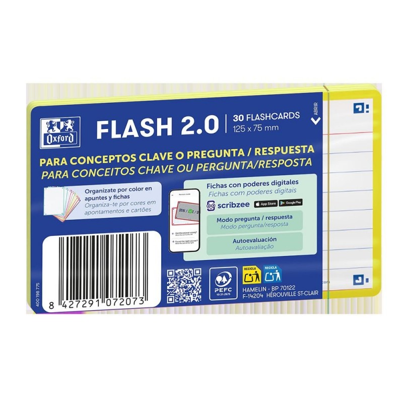 FLASHCARDS 2.0 A7 75X125 30 FICHAS RAYADAS AMARILLO