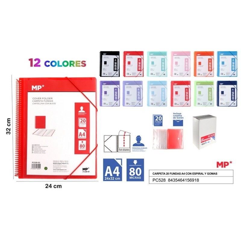 CARPETA 20 FUNDAS ESPIRAL Y GOMA COLORES SURTIDOS
