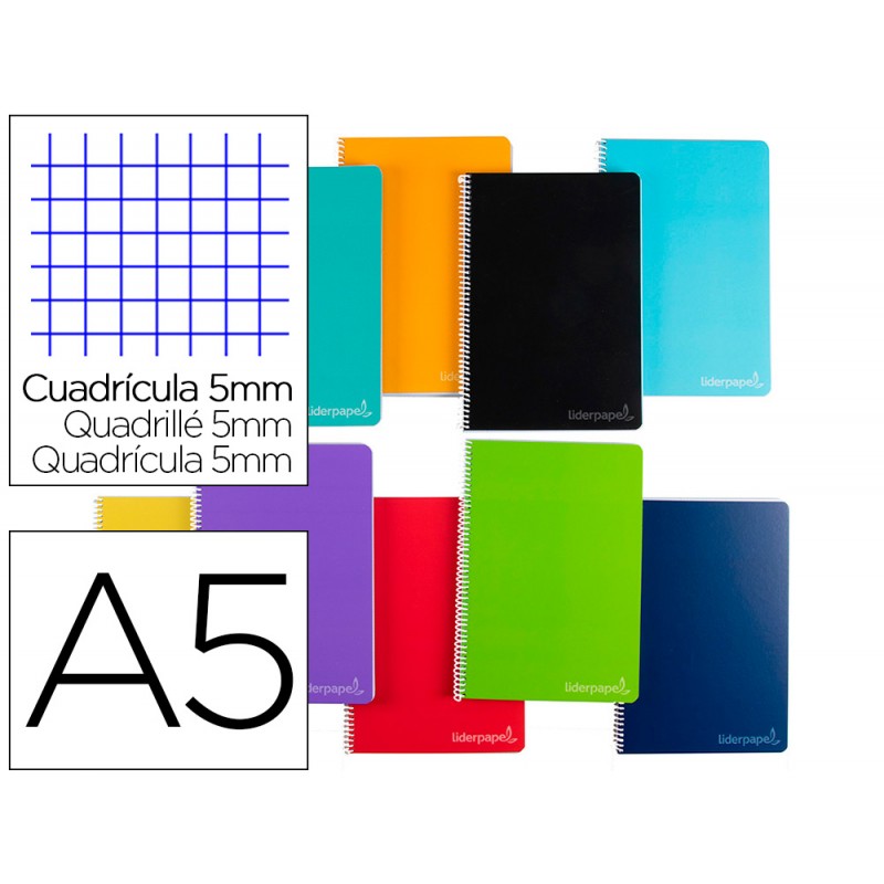 Cuaderno espiral liderpapel a5 micro witty tapa dura 140h 75gr cuadro 5mm 5 bandas 6 taladros colores surtidos.